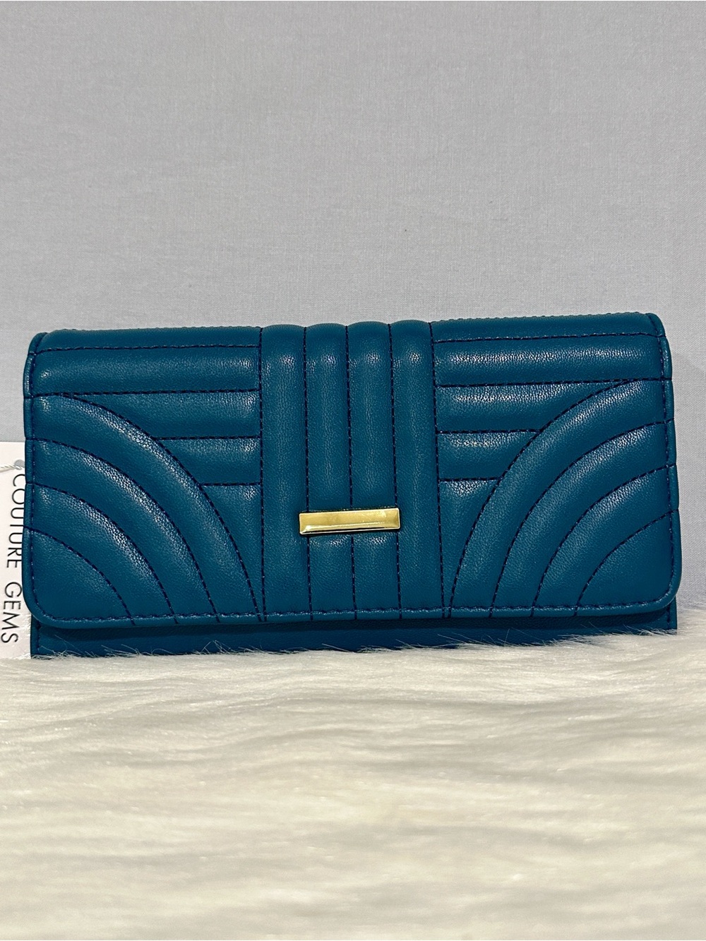 Couture Gems Quilted Teal Clutch Trifold Wallet with Gold Bar Accent NWT’S